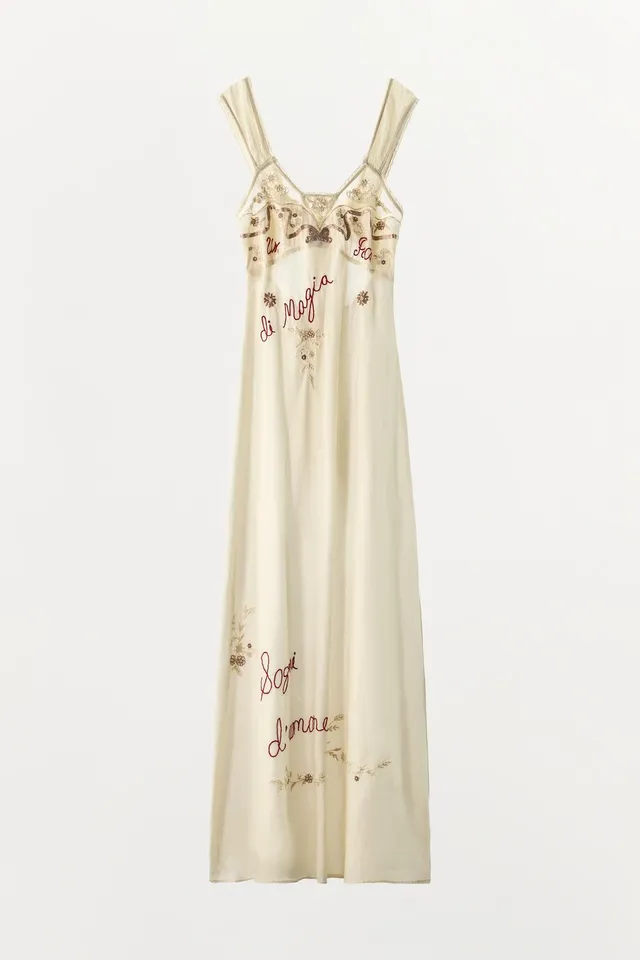 Long Cotton Dress with Embroidered Floral and Text, Beads, and Back Tie – image 7