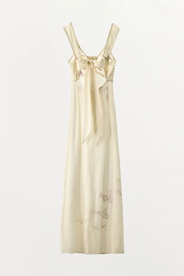 Long Cotton Dress with Embroidered Floral and Text, Beads, and Back Tie – image 8