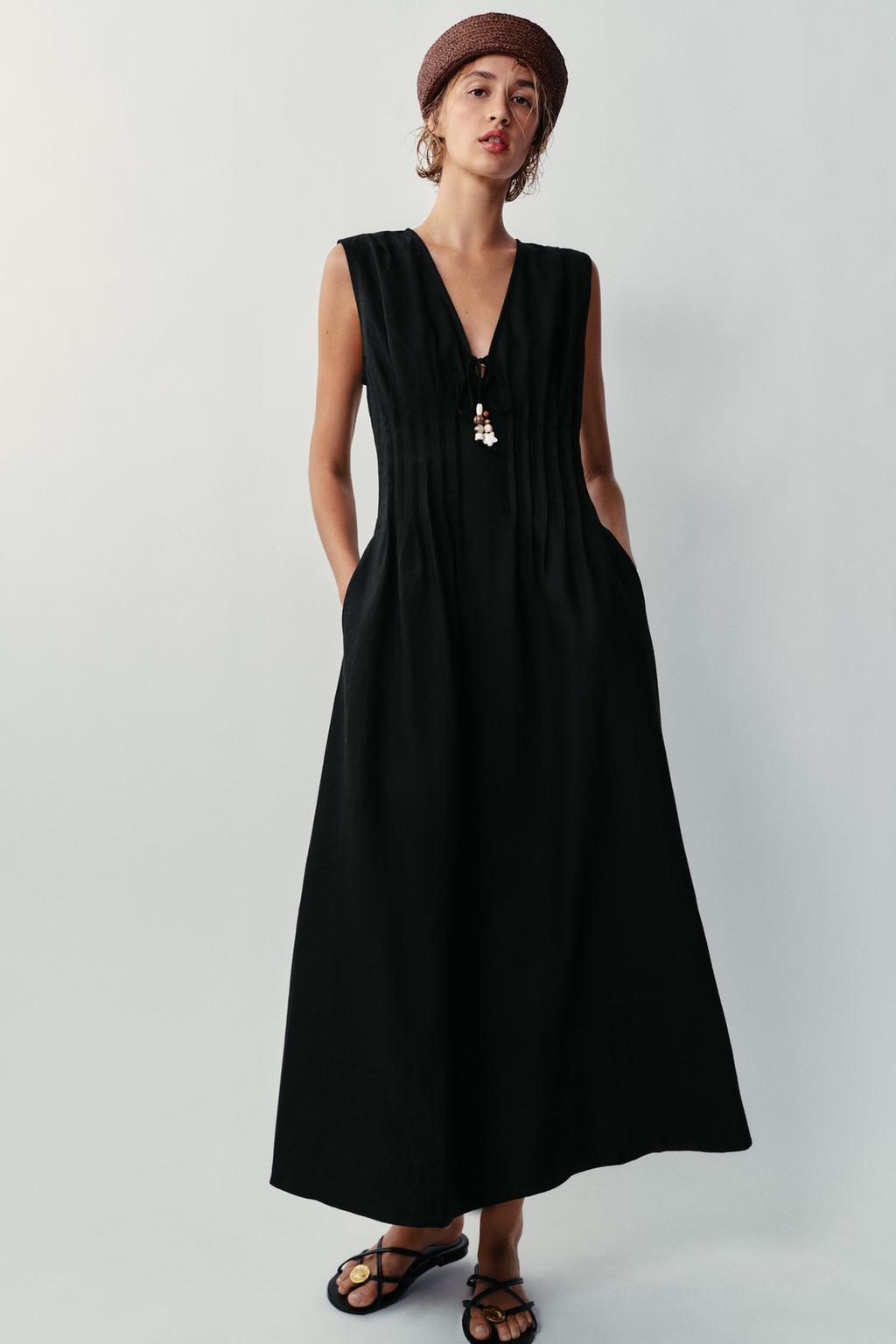 Linen Blend Pin Tuck Midi Dress