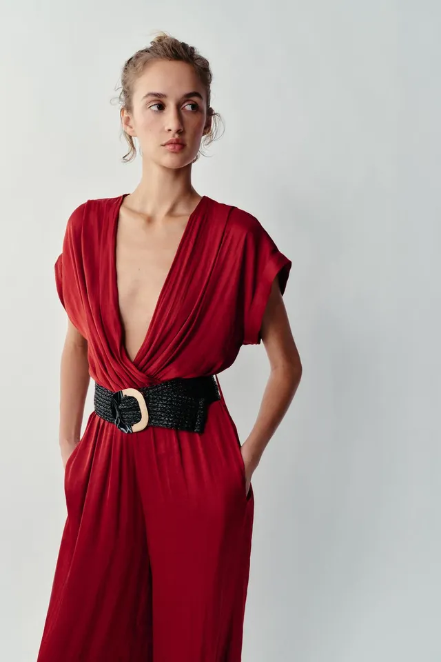 Satin Belted Jumpsuit with V-Neck, Short Sleeves, and Elastic Waist – image 2