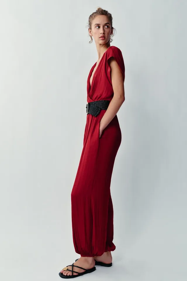 Satin Belted Jumpsuit with V-Neck, Short Sleeves, and Elastic Waist – image 3
