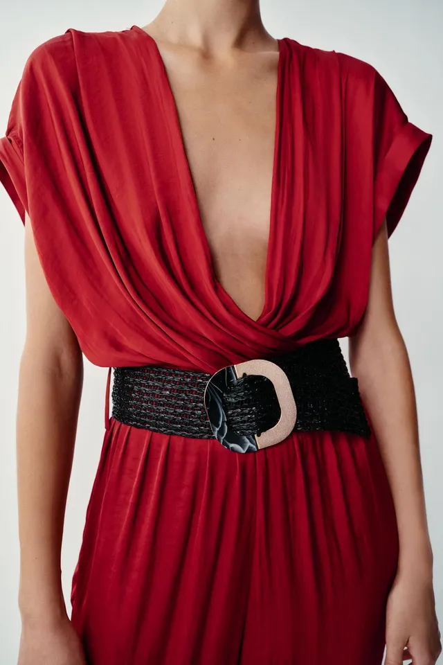 Satin Belted Jumpsuit with V-Neck, Short Sleeves, and Elastic Waist – image 4