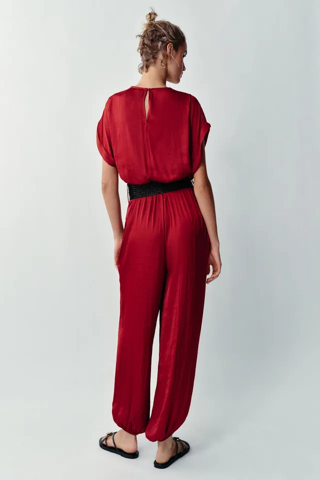 Satin Belted Jumpsuit with V-Neck, Short Sleeves, and Elastic Waist – image 5