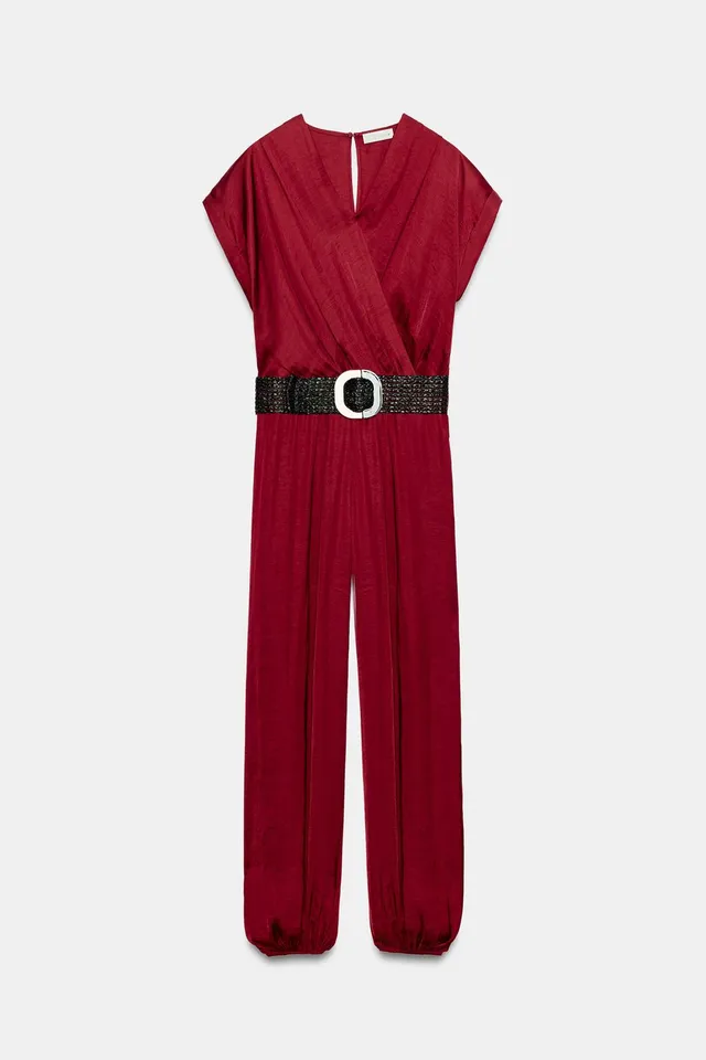 Satin Belted Jumpsuit with V-Neck, Short Sleeves, and Elastic Waist – image 6