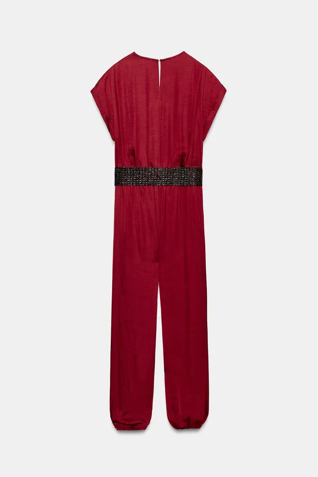 Satin Belted Jumpsuit with V-Neck, Short Sleeves, and Elastic Waist – image 7