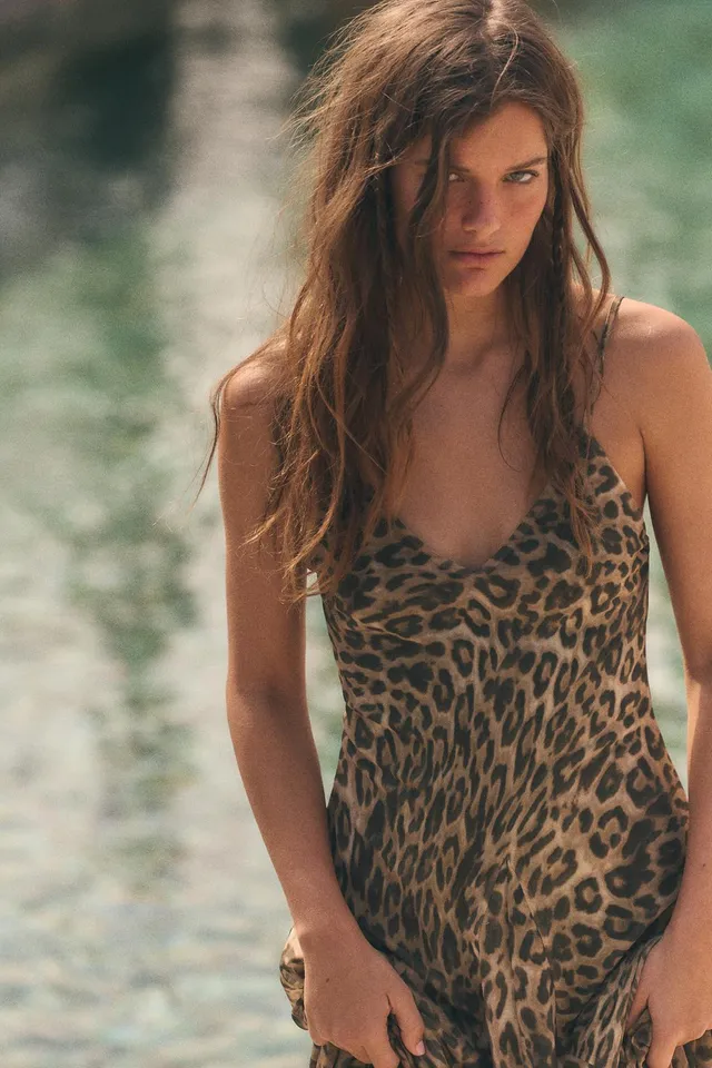 Long Animal Print Tulle Godet Dress with Adjustable Straps – image 3