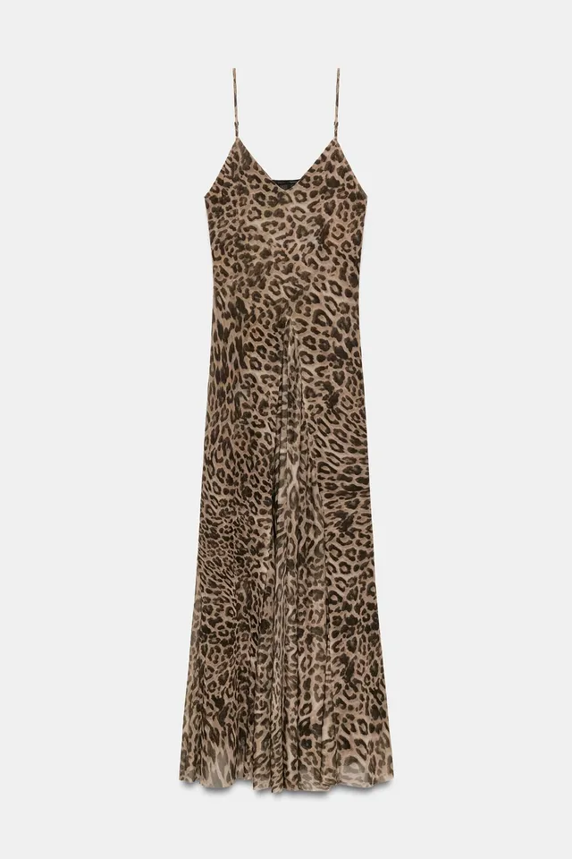 Long Animal Print Tulle Godet Dress with Adjustable Straps – image 6