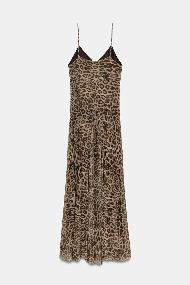 Long Animal Print Tulle Godet Dress with Adjustable Straps – image 7