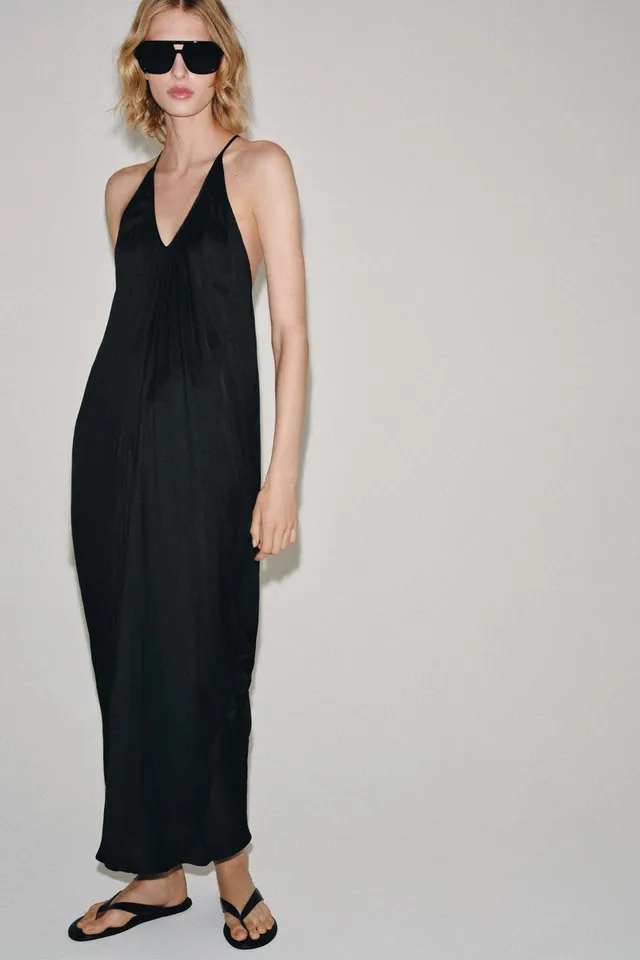 Satin Draped V-Neck Dress with Thin Straps and Button Fastening – image 2