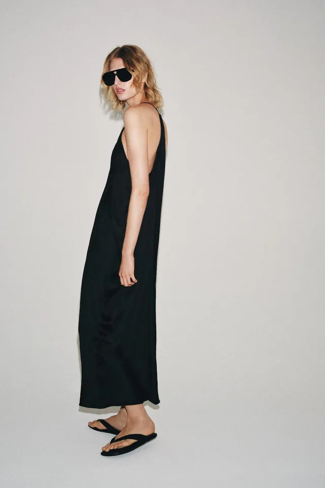 Satin Draped V-Neck Dress with Thin Straps and Button Fastening – image 3