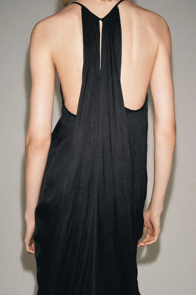 Satin Draped V-Neck Dress with Thin Straps and Button Fastening – image 4