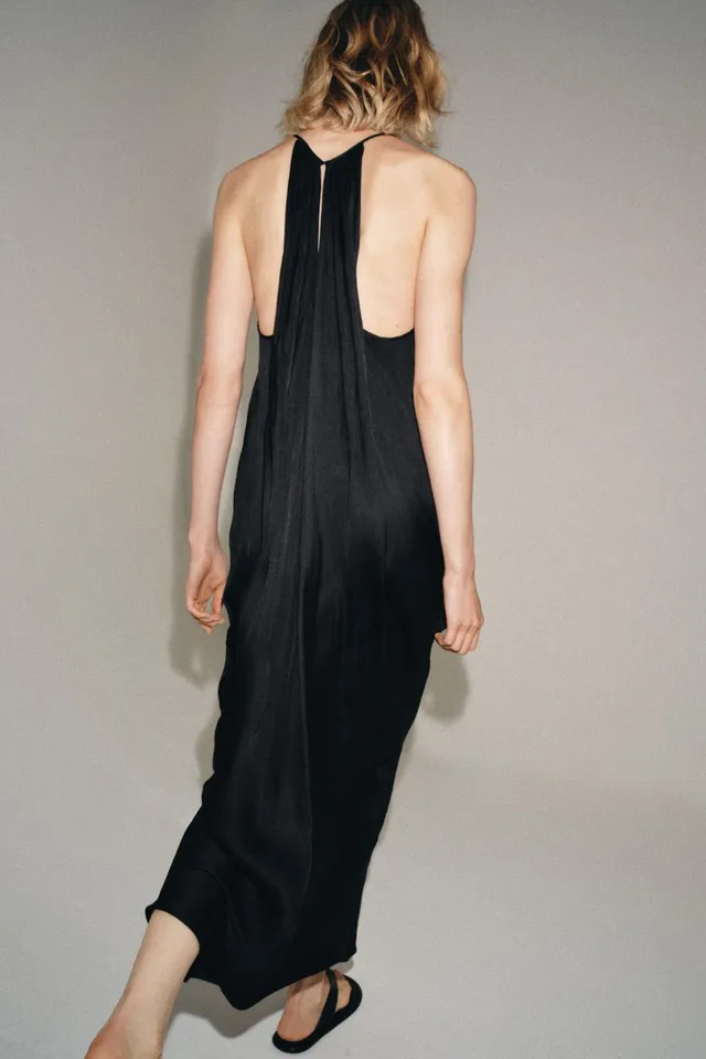 Satin Draped V-Neck Dress with Thin Straps and Button Fastening – image 5