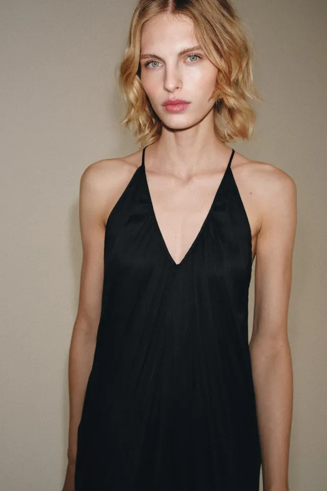 Satin Draped V-Neck Dress with Thin Straps and Button Fastening – image 6