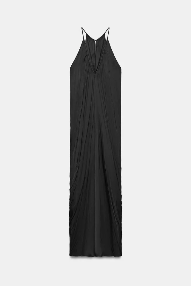Satin Draped V-Neck Dress with Thin Straps and Button Fastening – image 7