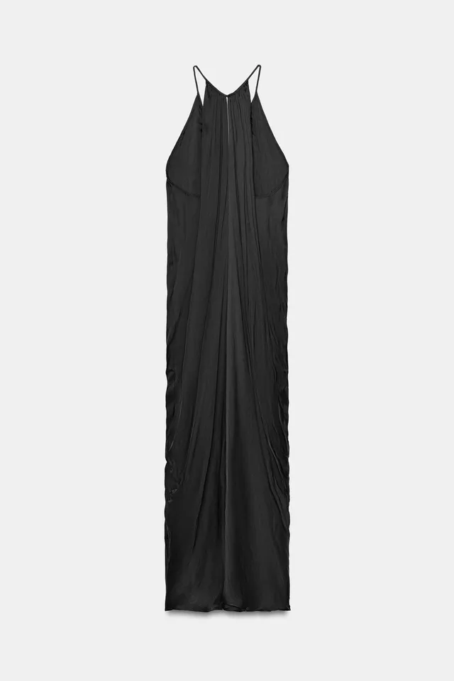 Satin Draped V-Neck Dress with Thin Straps and Button Fastening – image 8
