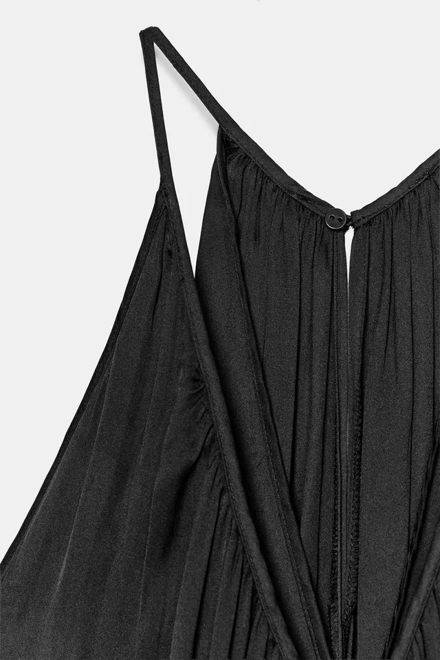 Satin Draped V-Neck Dress with Thin Straps and Button Fastening – image 9