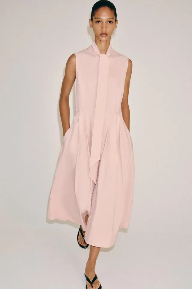 Cotton High-Neck Sleeveless Dress with Front Pleat and Side Pockets – image 2