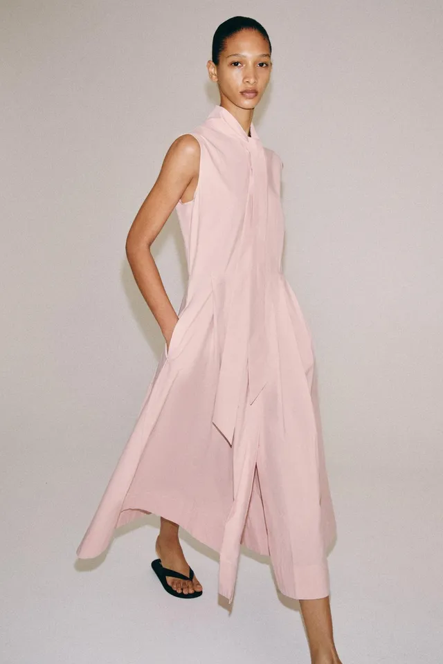 Cotton High-Neck Sleeveless Dress with Front Pleat and Side Pockets – image 4