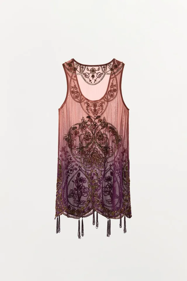 Mini Dress with Tie-Dye Print, Beads, Sequins, and Fringed Hem – image 6