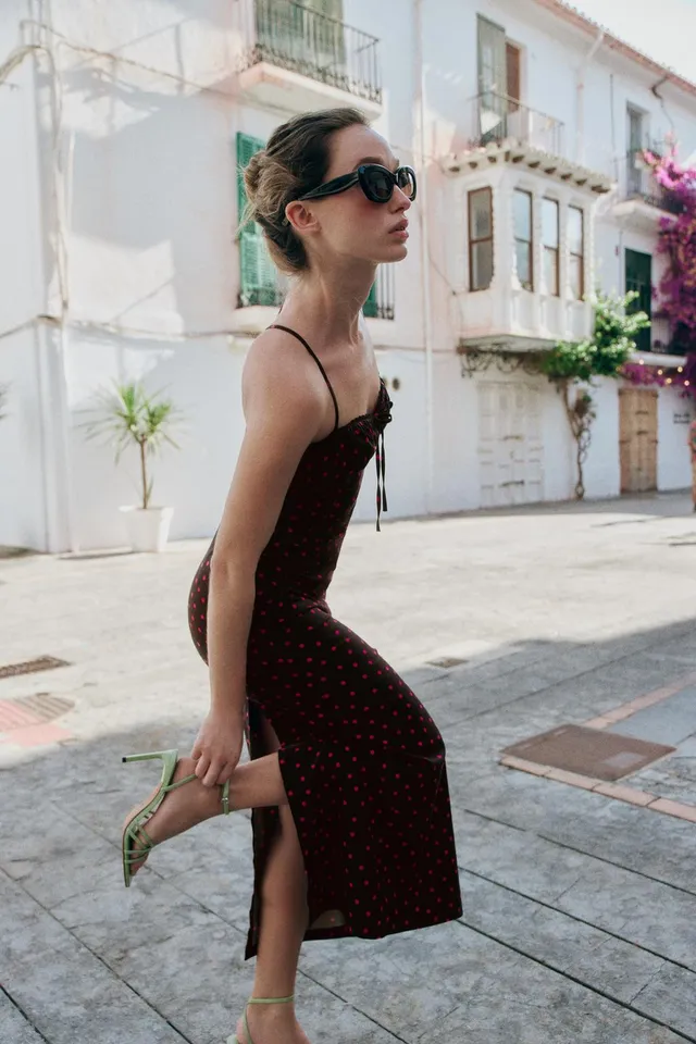 Linen Blend Polka Dot Midi Dress – image 3