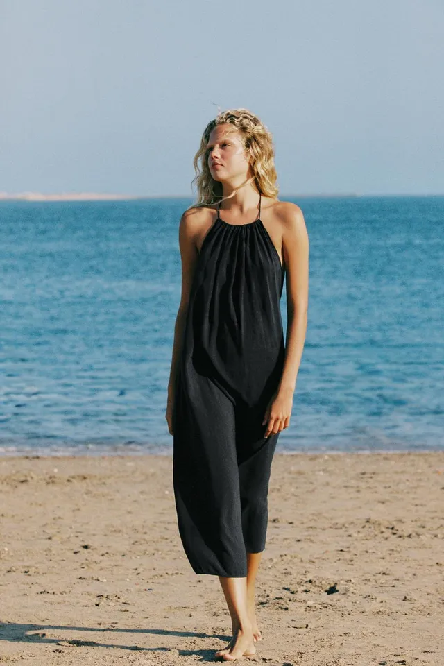 Midi Halter Neck Open Back Flowing Dress with Tie Fastening – image 4