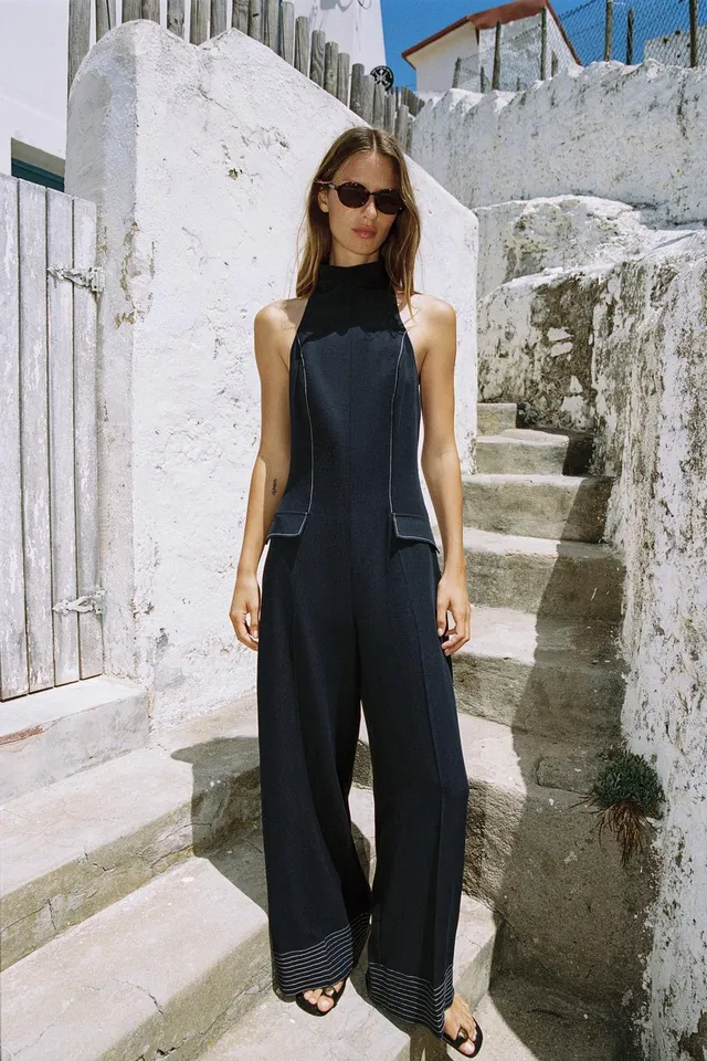 Contrast Trim Halter Jumpsuit