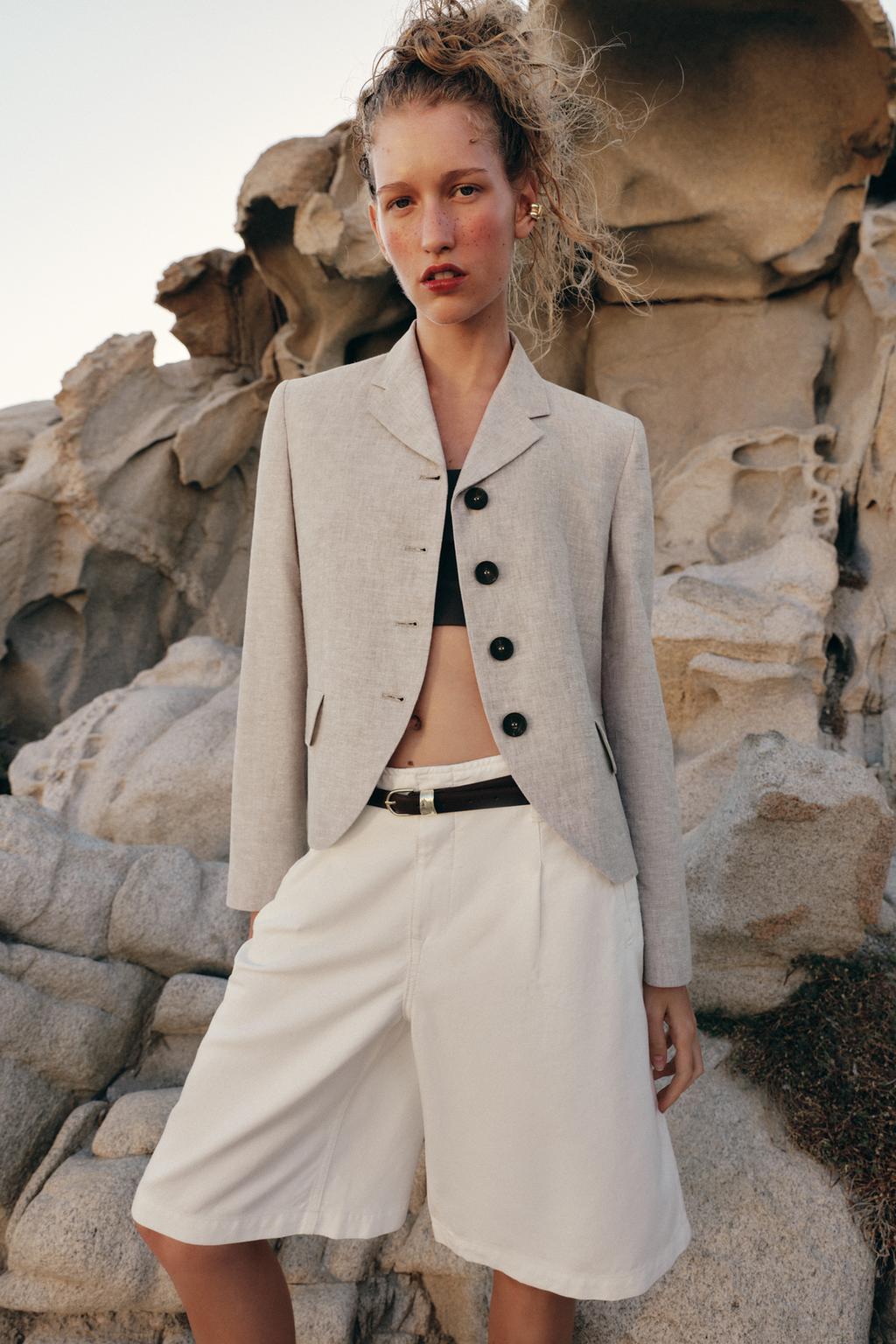 BLAZER مستقيم ببنسات من الكتان