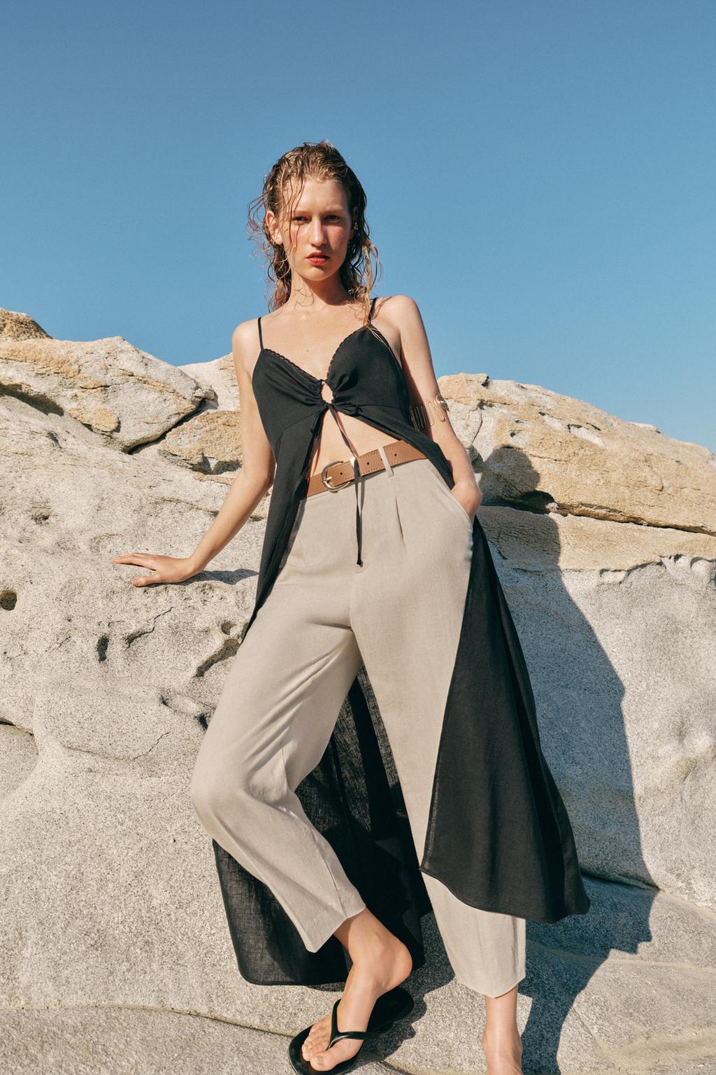 Linen Blend Cropped Trousers with Belt