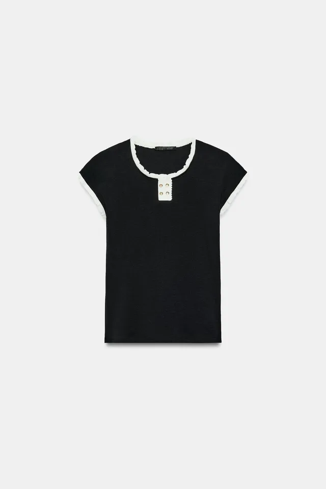 Cotton Blend Buttoned Trim Top with Contrast Trims – image 6