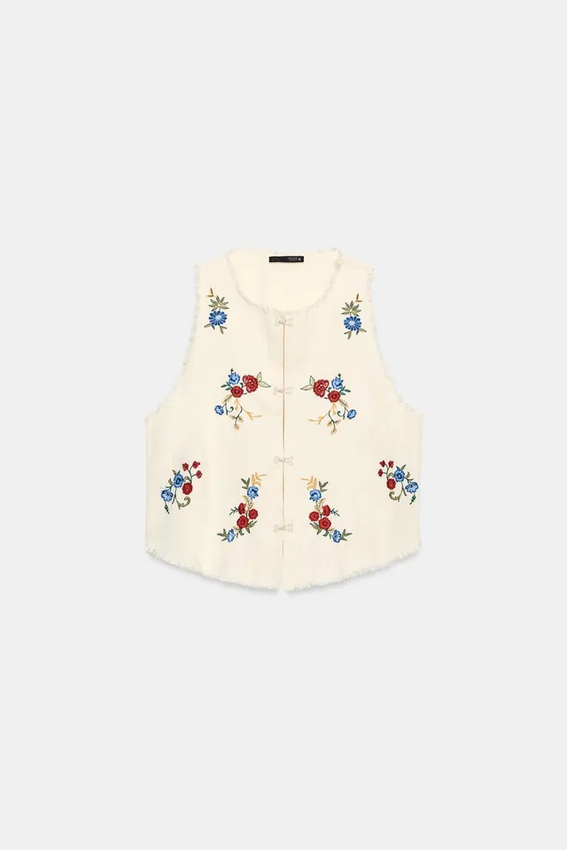 Contrast Embroidered Frayed Waistcoat Top with Hook-and-Eye Closure – image 5