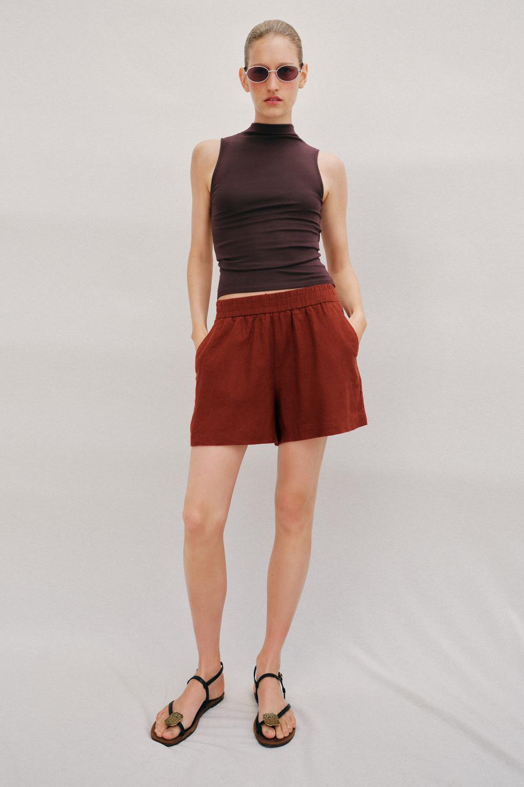 Linen Blend Bermuda Shorts Elastic Waist