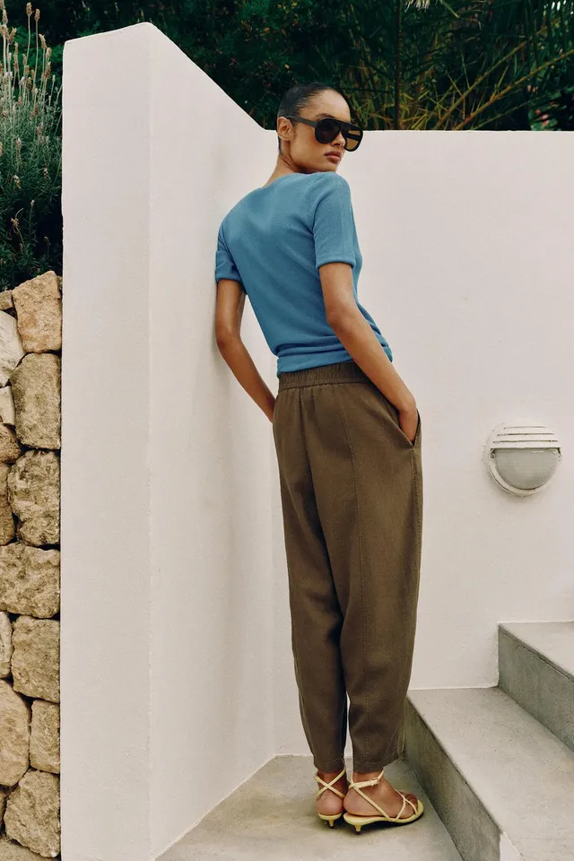 Linen Blend Elastic-Waist Tapered Ankle Trousers – image 6