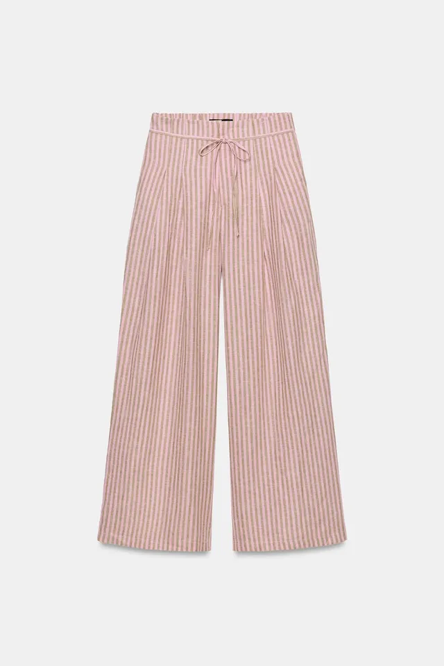 Striped Linen Blend Trousers with Drawstring Waist and Bow Detail – image 5