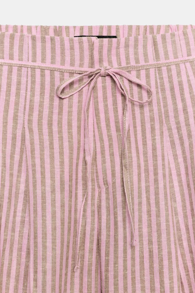 Striped Linen Blend Trousers with Drawstring Waist and Bow Detail – image 7