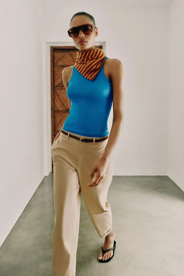 Low-Rise Chino Trousers with Braided Belt and Turn-Up Hems – image 3