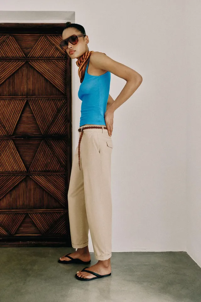 Low-Rise Chino Trousers with Braided Belt and Turn-Up Hems – image 5