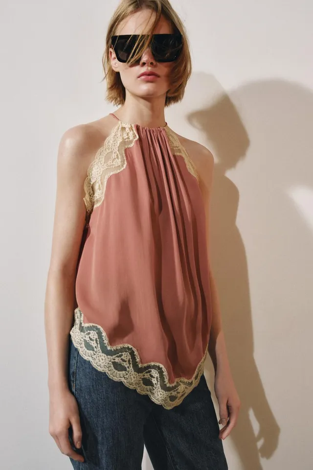 Lace Halter Top with Adjustable Straps and Asymmetric Hem – image 2