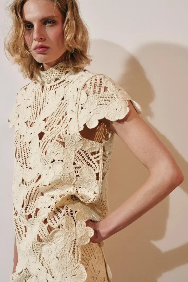 ZW Collection Women's Crochet Cotton Blend Top with Asymmetric Hem – image 2