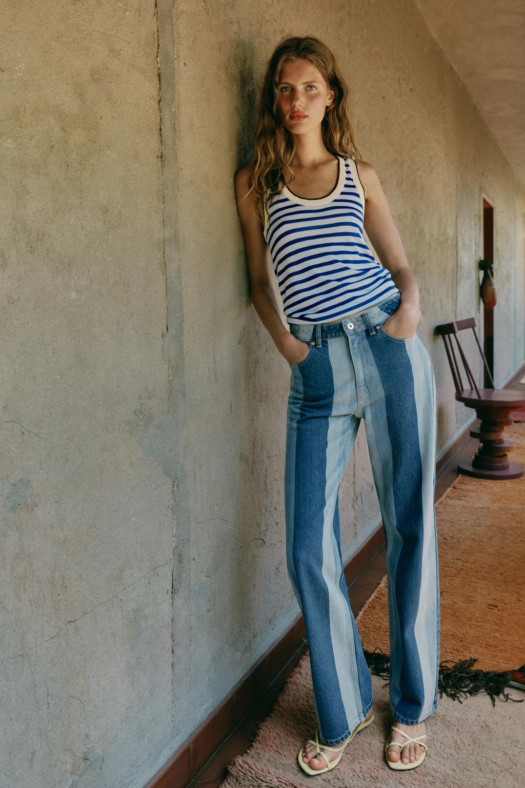 Mid-Rise Striped Straight Jeans