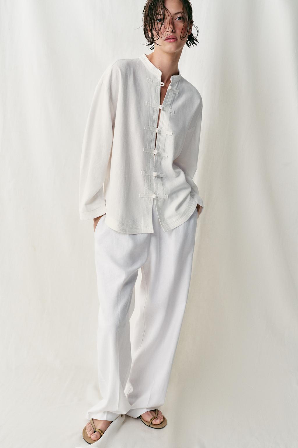 Linen Blend Oversize Frog Fastening Shirt
