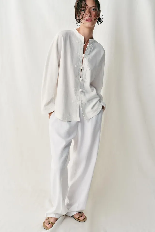Linen Blend Oversize Frog Fastening Shirt