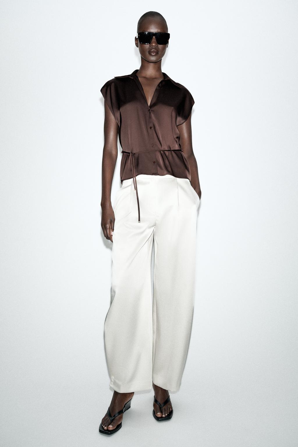 Satin Short Sleeve Shirt with Belt