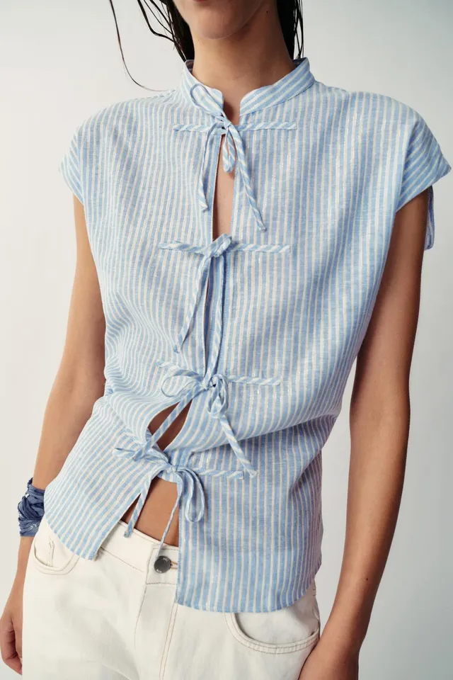 Metallic Striped Blouse with Bows – image 3