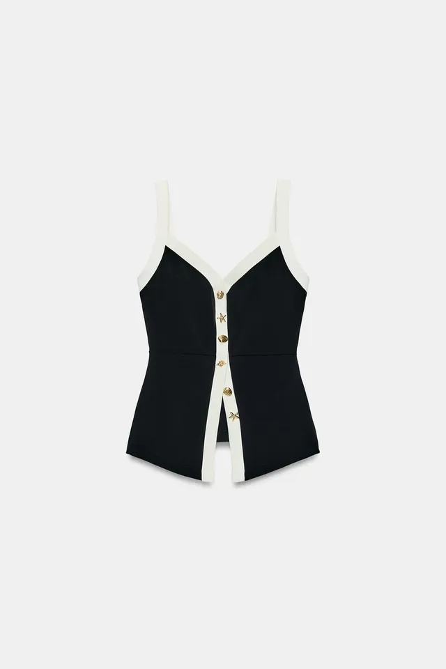 Contrast Trim Sleeveless V-Neck Button Front Top – image 6