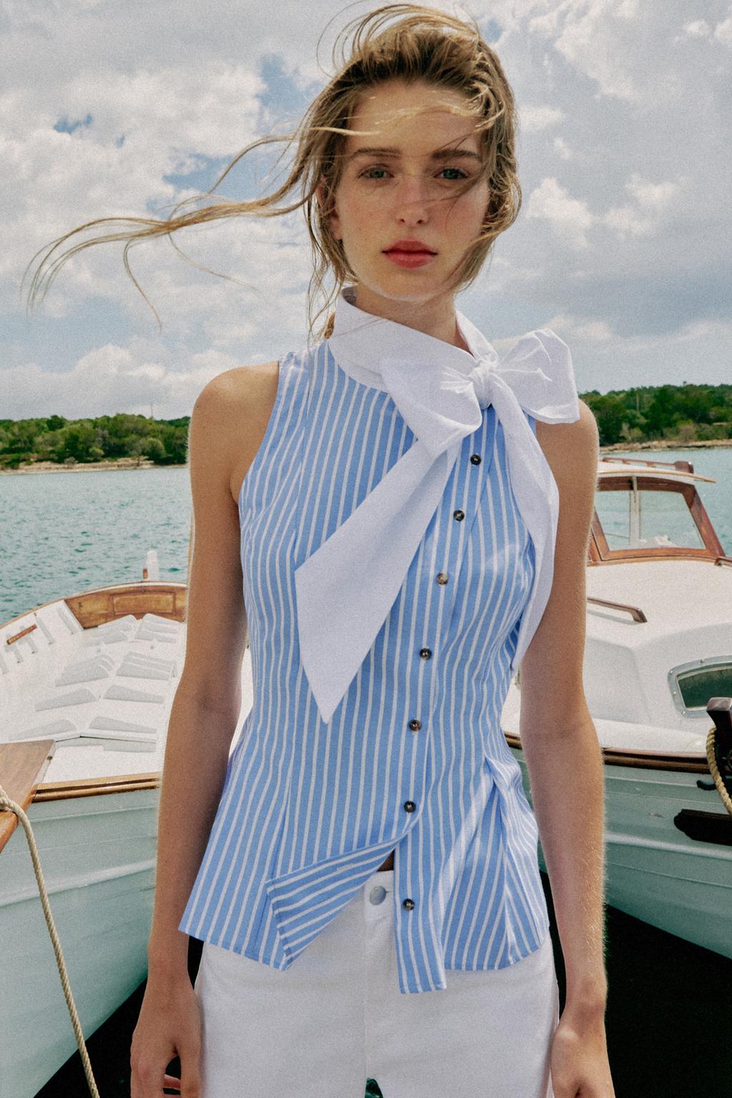 Striped Tie-Neck Sleeveless Shirt