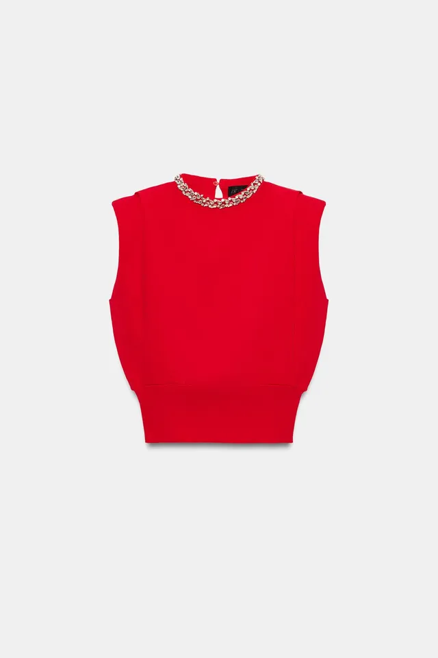 Sleeveless Top with Jewel Neck, Shoulder Pads, and Front Pleats – image 7