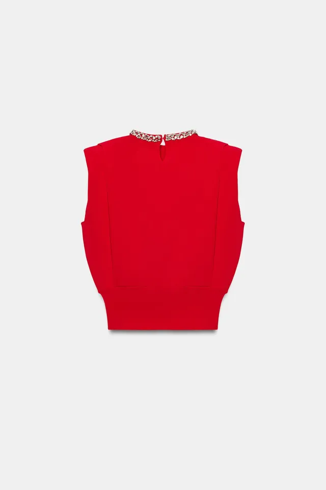 Sleeveless Top with Jewel Neck, Shoulder Pads, and Front Pleats – image 8