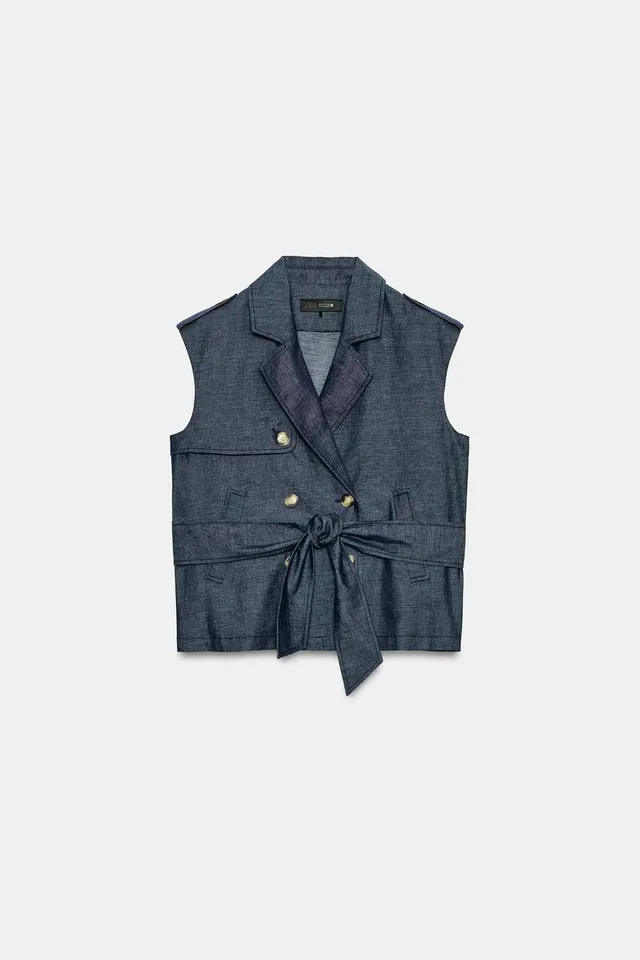 Linen Blend Double-Breasted Waistcoat with Belt and Welt Pockets – image 8