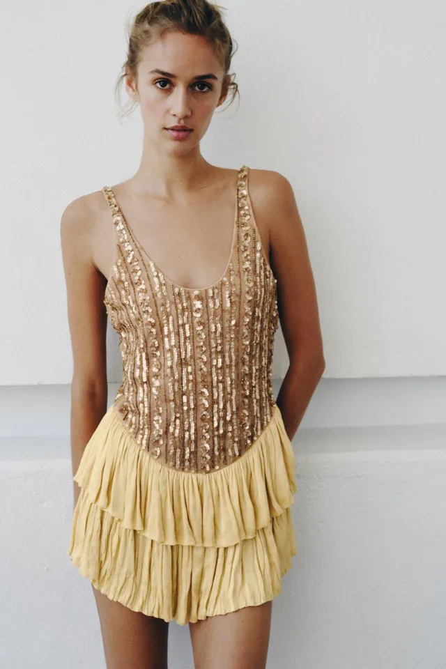 Metallic Thread Beaded Ruffle Bodysuit with Contrast Bead Appliqué – image 4