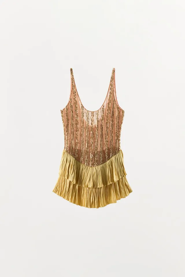 Metallic Thread Beaded Ruffle Bodysuit with Contrast Bead Appliqué – image 7
